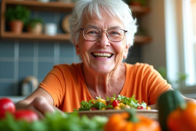 Senior actif et souriant dégustant un repas sain